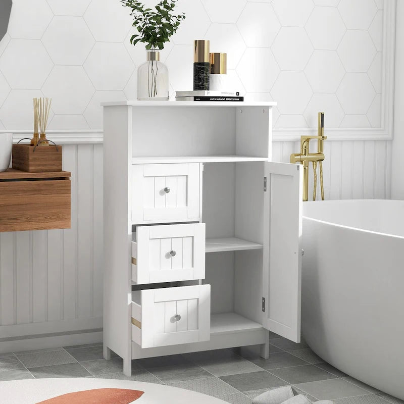 Meuble de rangement de salle de bain blanc sur pied avec 3 tiroirs et 1 porte
