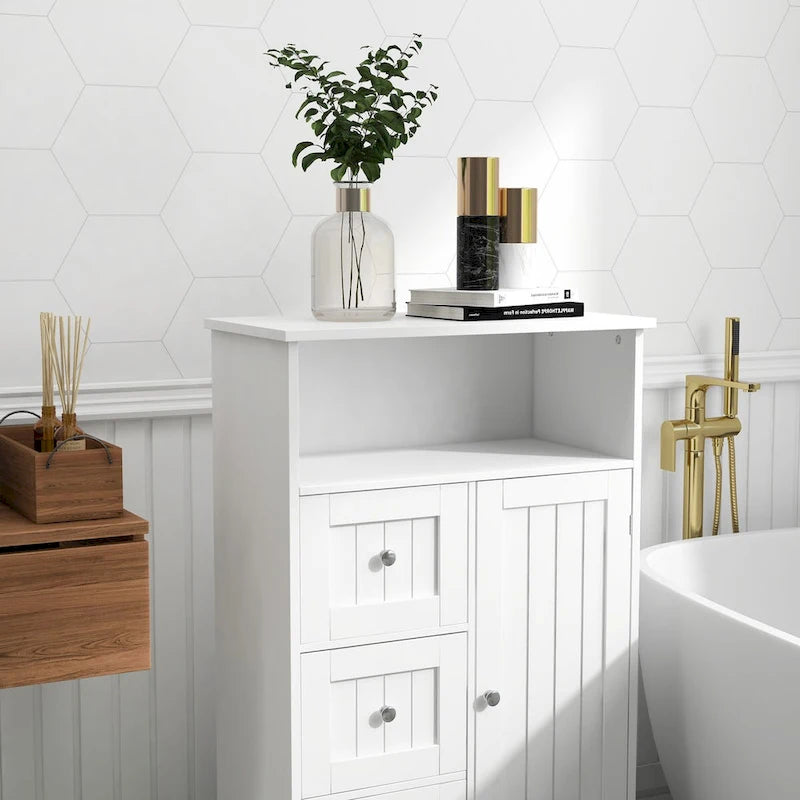 Meuble de rangement de salle de bain blanc sur pied avec 3 tiroirs et 1 porte