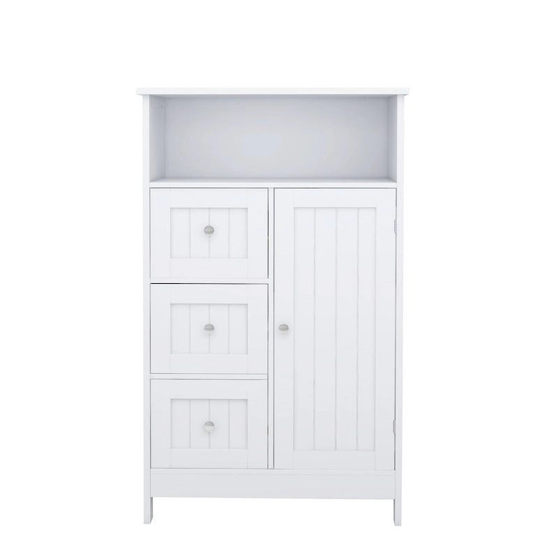 Meuble de rangement de salle de bain blanc sur pied avec 3 tiroirs et 1 porte