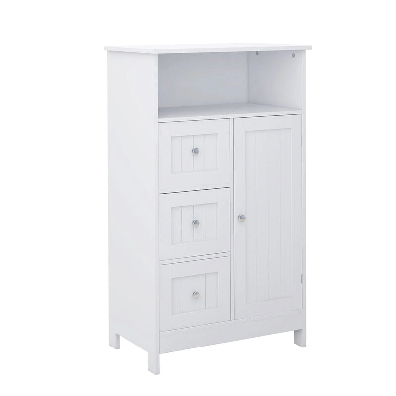 Meuble de rangement de salle de bain blanc sur pied avec 3 tiroirs et 1 porte