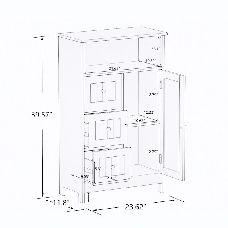 Meuble de rangement de salle de bain blanc sur pied avec 3 tiroirs et 1 porte