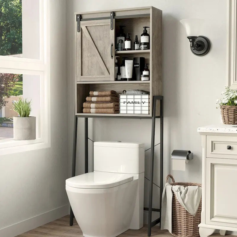 Meuble de rangement au-dessus des toilettes, organisateur de salle de bain avec porte coulissante type grange