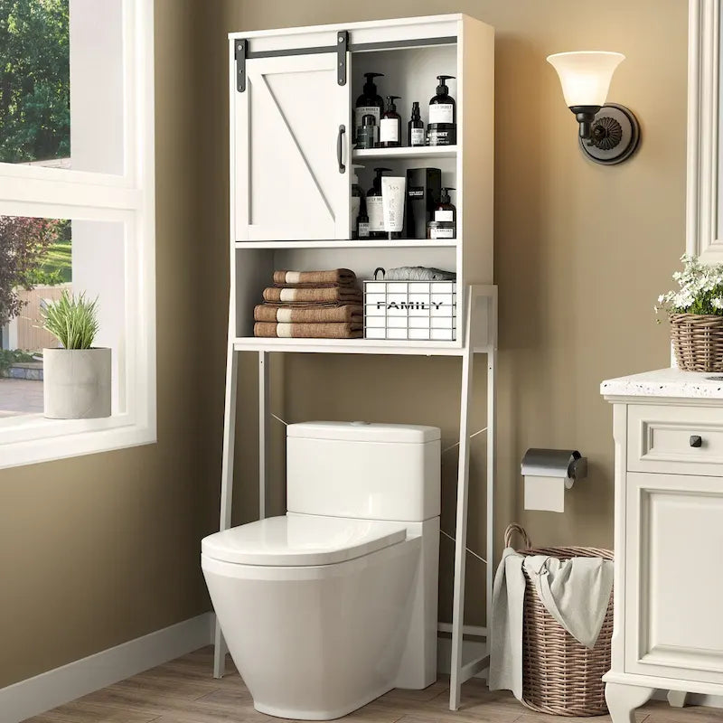 Meuble de rangement au-dessus des toilettes, organisateur de salle de bain avec porte coulissante type grange