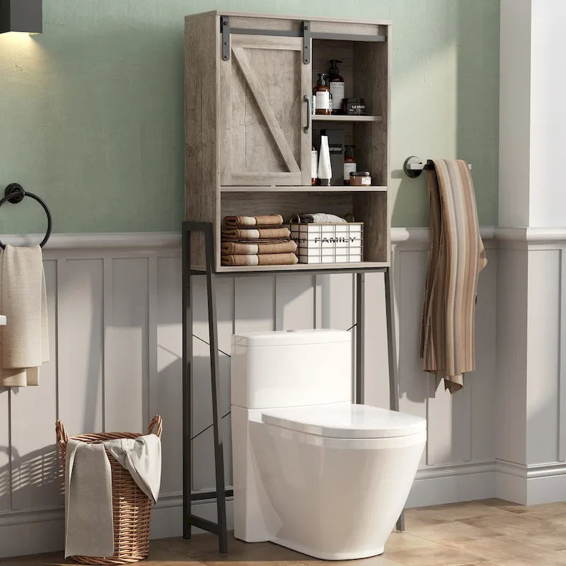 Meuble de rangement au-dessus des toilettes, organisateur de salle de bain avec porte coulissante type grange