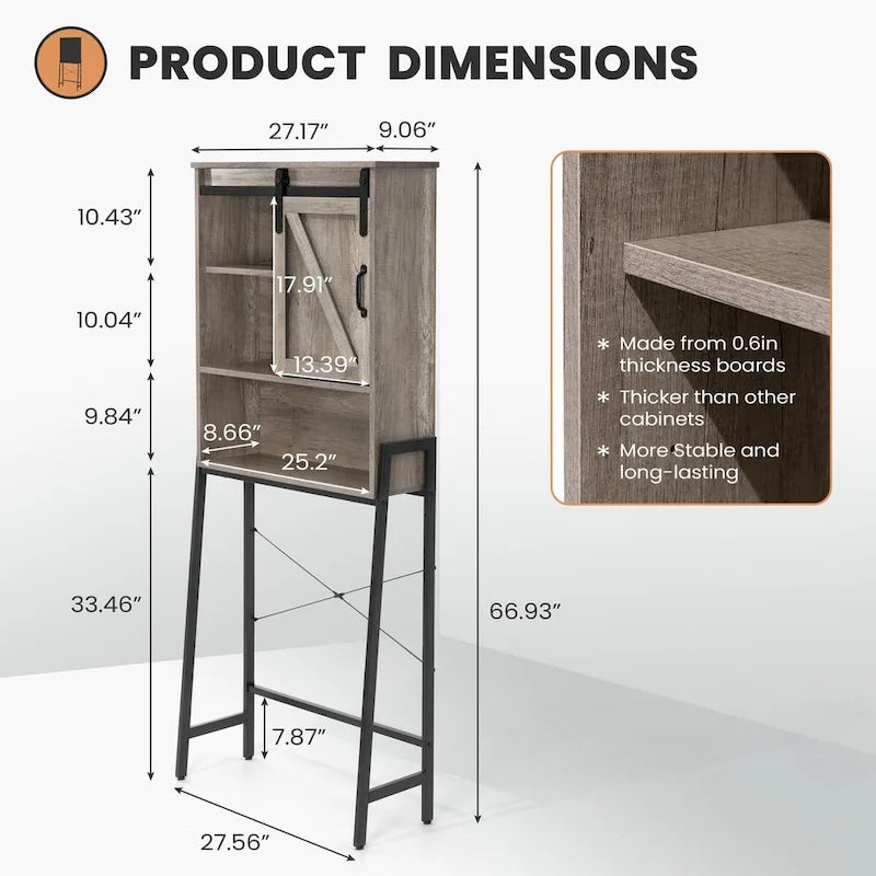 Meuble de rangement au-dessus des toilettes, organisateur de salle de bain avec porte coulissante type grange
