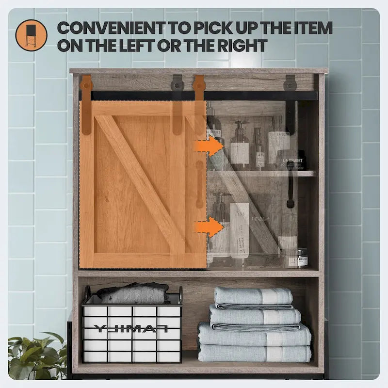 Meuble de rangement au-dessus des toilettes, organisateur de salle de bain avec porte coulissante type grange