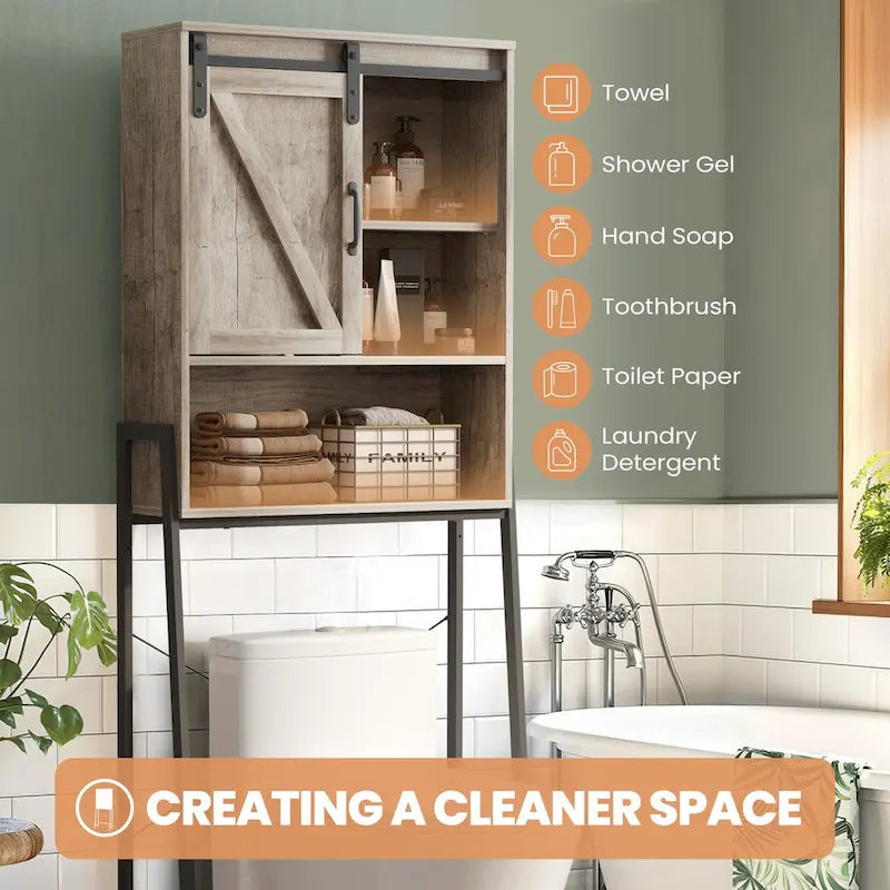 Meuble de rangement au-dessus des toilettes, organisateur de salle de bain avec porte coulissante type grange