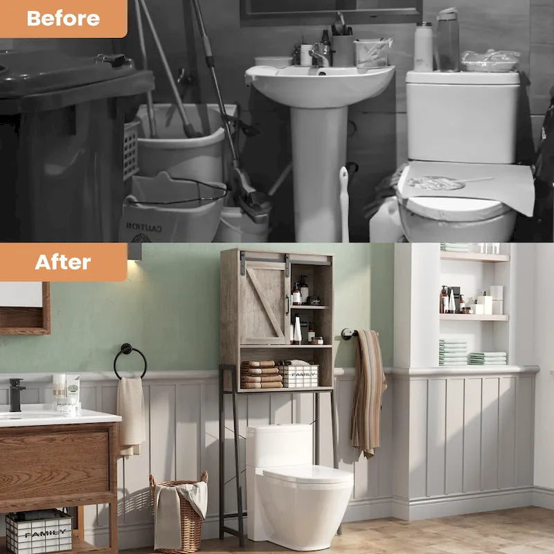 Meuble de rangement au-dessus des toilettes, organisateur de salle de bain avec porte coulissante type grange