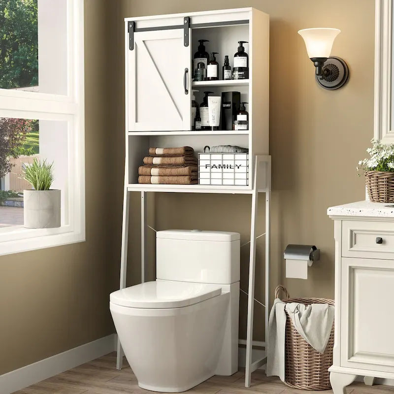 Meuble de rangement au-dessus des toilettes, organisateur de salle de bain avec porte coulissante type grange