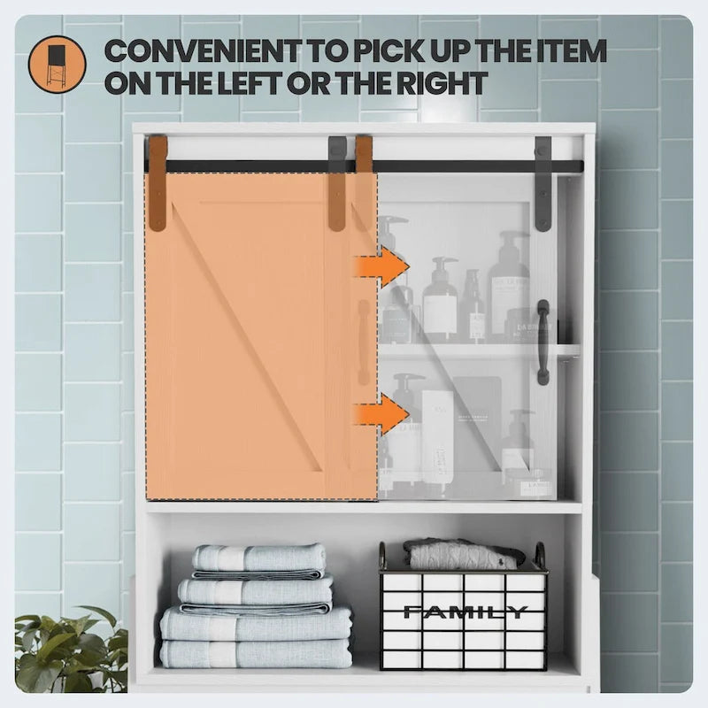 Meuble de rangement au-dessus des toilettes, organisateur de salle de bain avec porte coulissante type grange