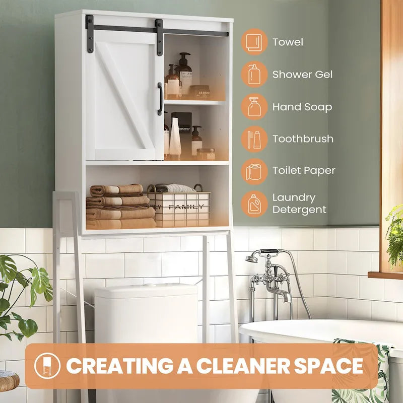 Meuble de rangement au-dessus des toilettes, organisateur de salle de bain avec porte coulissante type grange