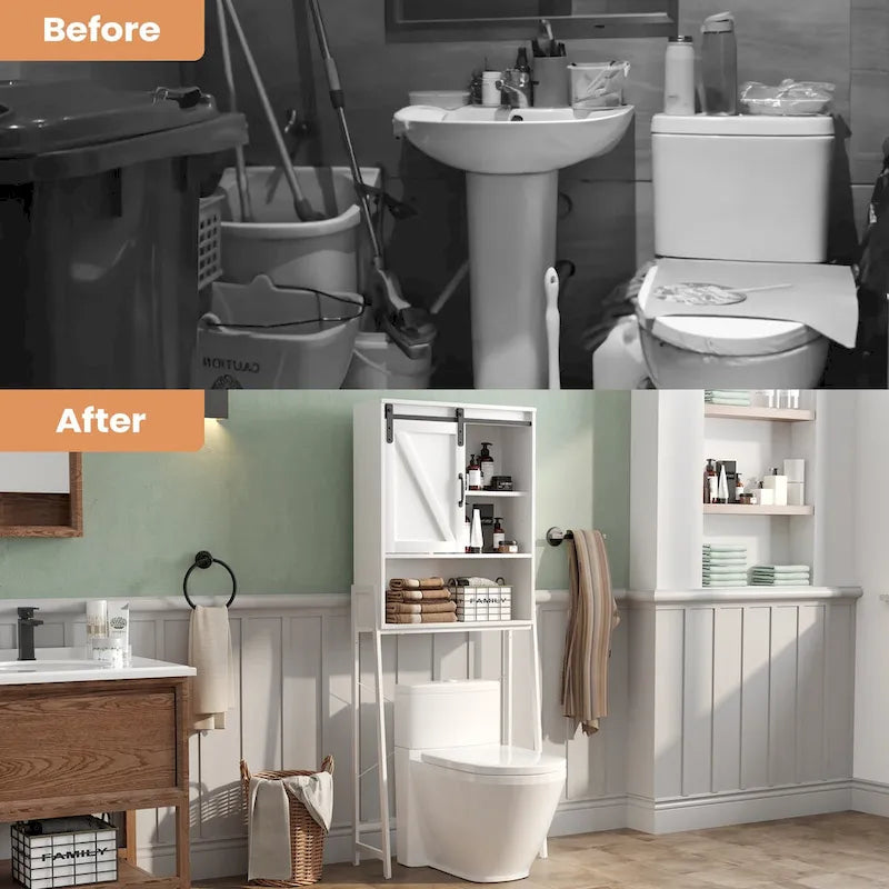 Meuble de rangement au-dessus des toilettes, organisateur de salle de bain avec porte coulissante type grange