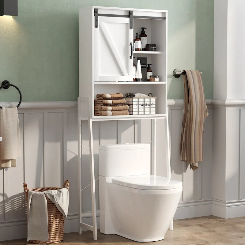 Meuble de rangement au-dessus des toilettes, organisateur de salle de bain avec porte coulissante type grange