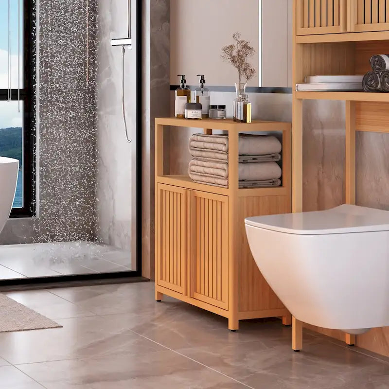 Armoire de salle de bain 2 portes en bois grand modèle (32") avec étagère intérieure, coloris neutre